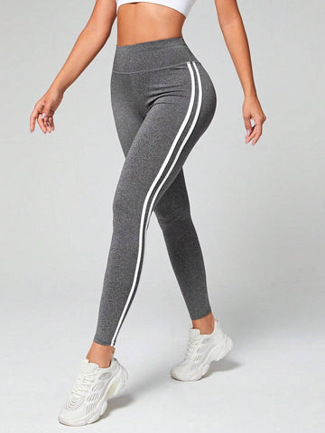 High-Waisted Contrast-Stripe Workout Leggings-Gray