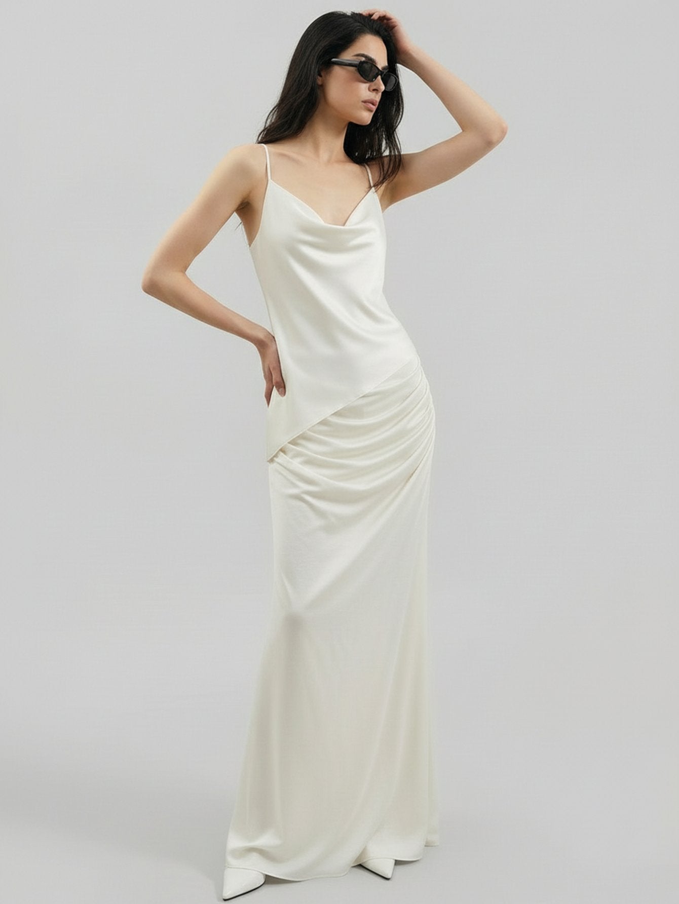 SAÏA Cowl Neckline Asymmetric-Hem Elegant Tank-White