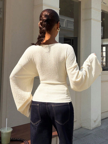 Textured Deep V Neck Long Sleeve Top