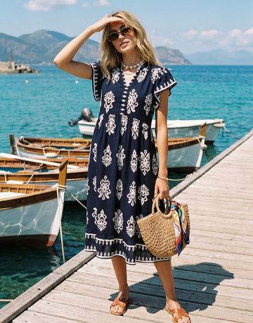 Boho Printed V Neck Midi Dress