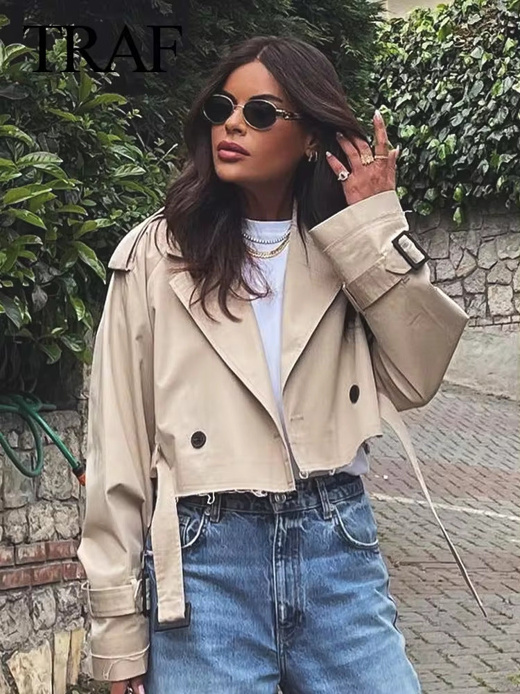 Cropped Belted Military Trench Jacket