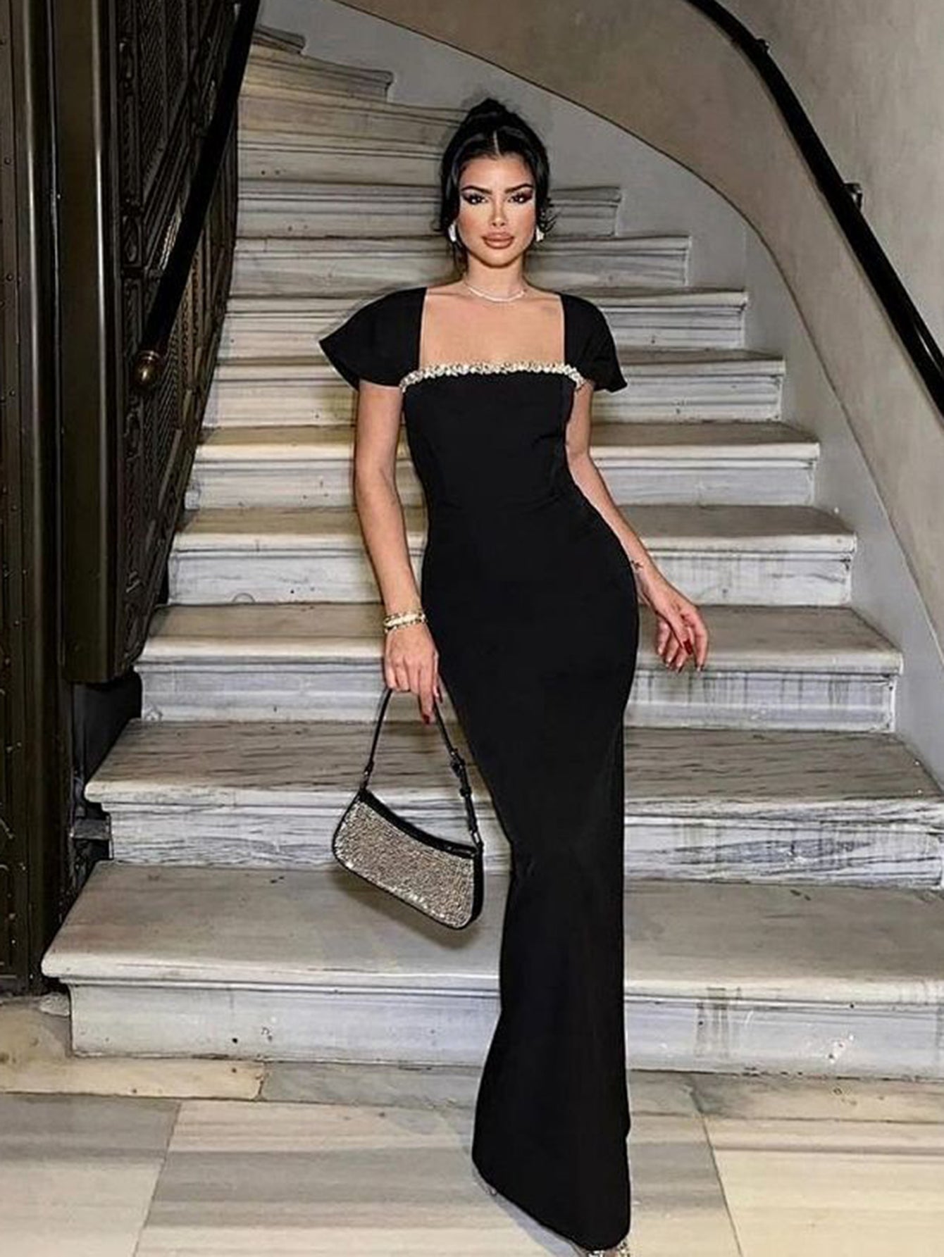 Square Neck Crystal Trim Elegant Maxi Dress