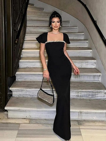 Square Neck Crystal Trim Elegant Maxi Dress