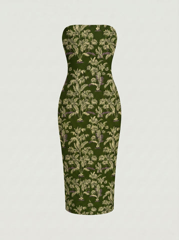 MAIA Floral Print Strapless Sheath Midi Dress