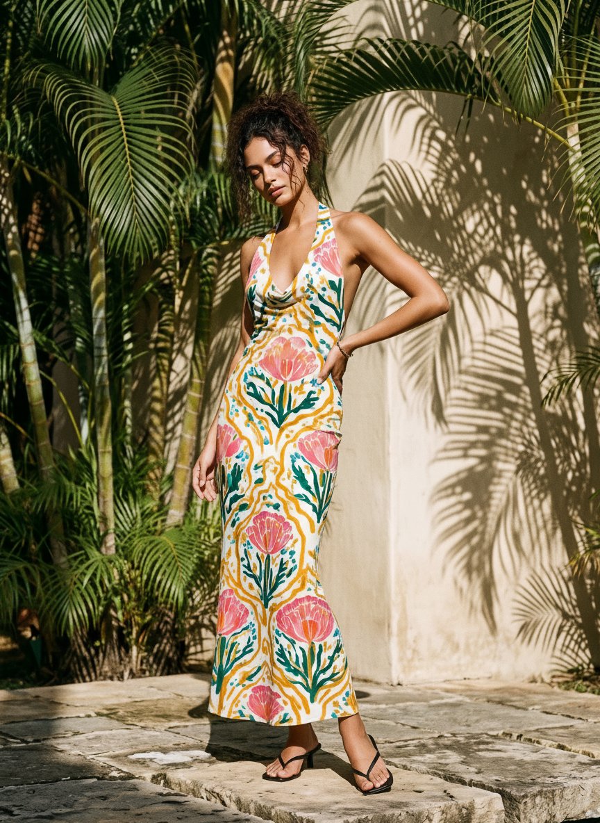 LILA Floral Print Cowl Neck Bodycon Midi Dress