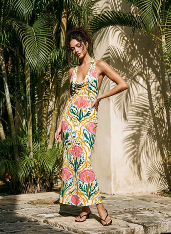 LILA Floral Print Cowl Neck Bodycon Midi Dress