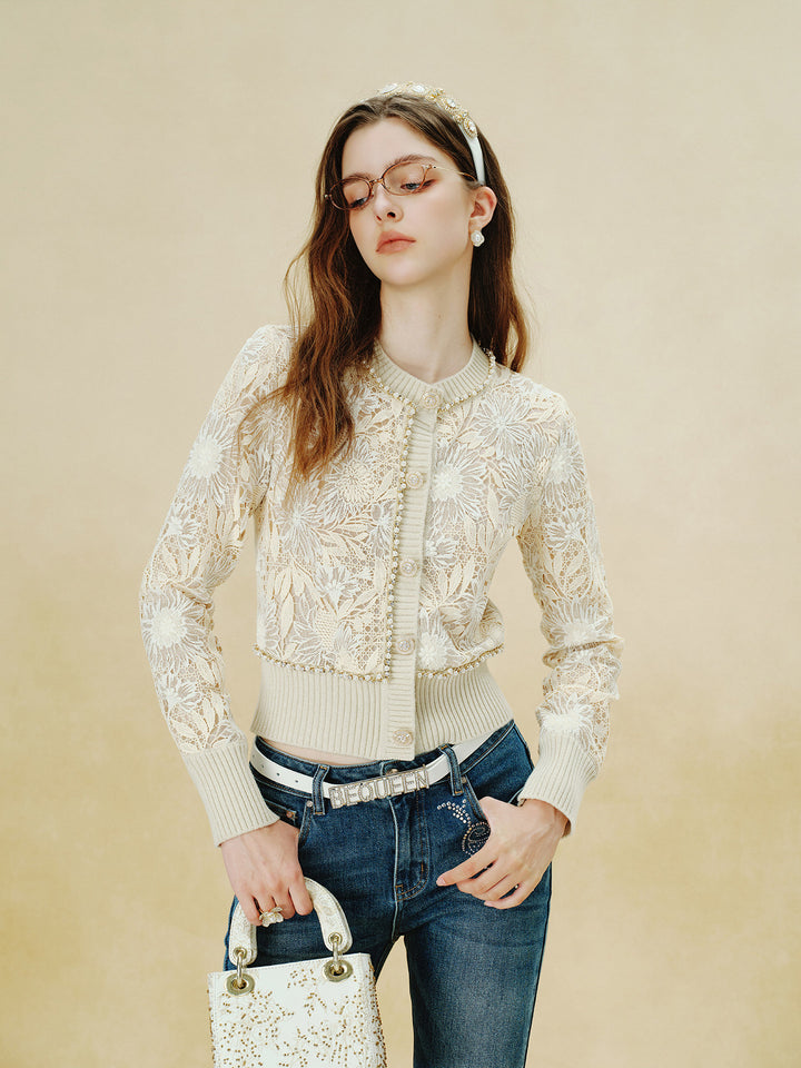 Elegant Floral Lace Knit Cardigan