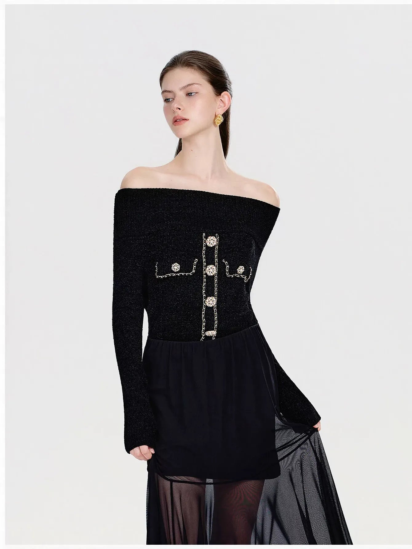 Off Shoulder Embellished Knit Sweater