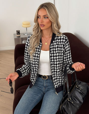 Classic Houndstooth Zip Up Bomber Jacket