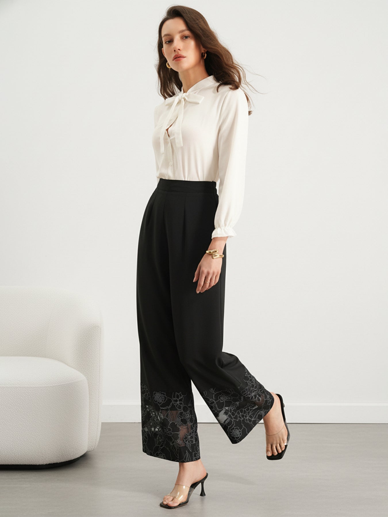 Lace-Hem High-Waisted Elegant Pants