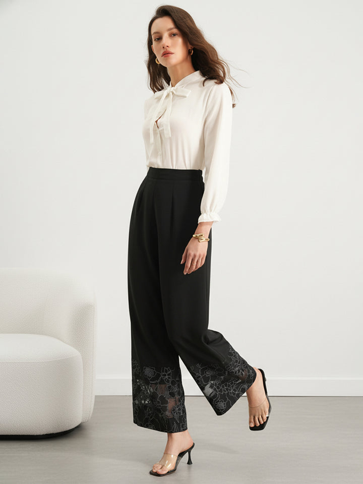 Lace-Hem High-Waisted Elegant Pants