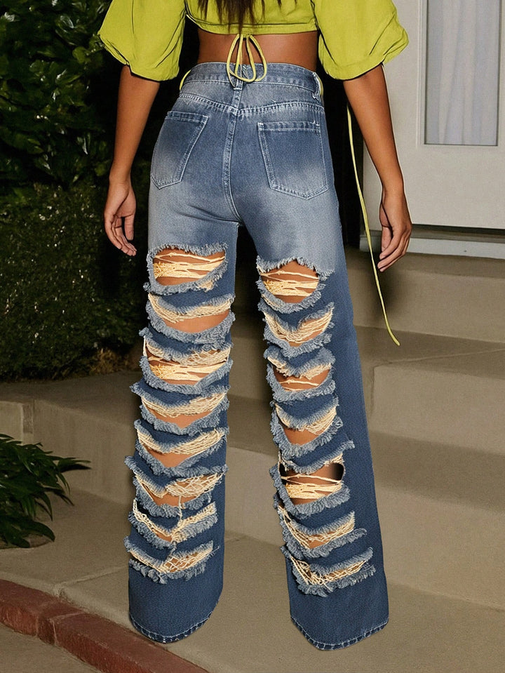 Distressed Wide Leg Denim Jeans
