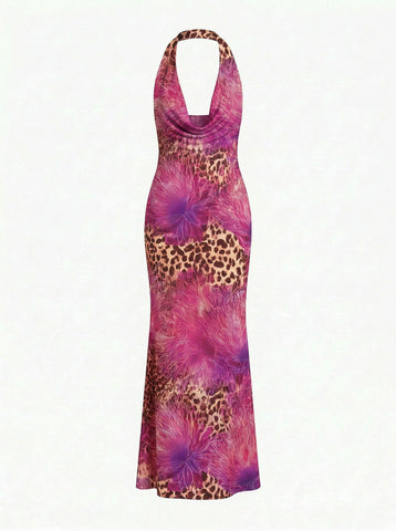 LILA Floral Print Cowl Neck Bodycon Midi Dress