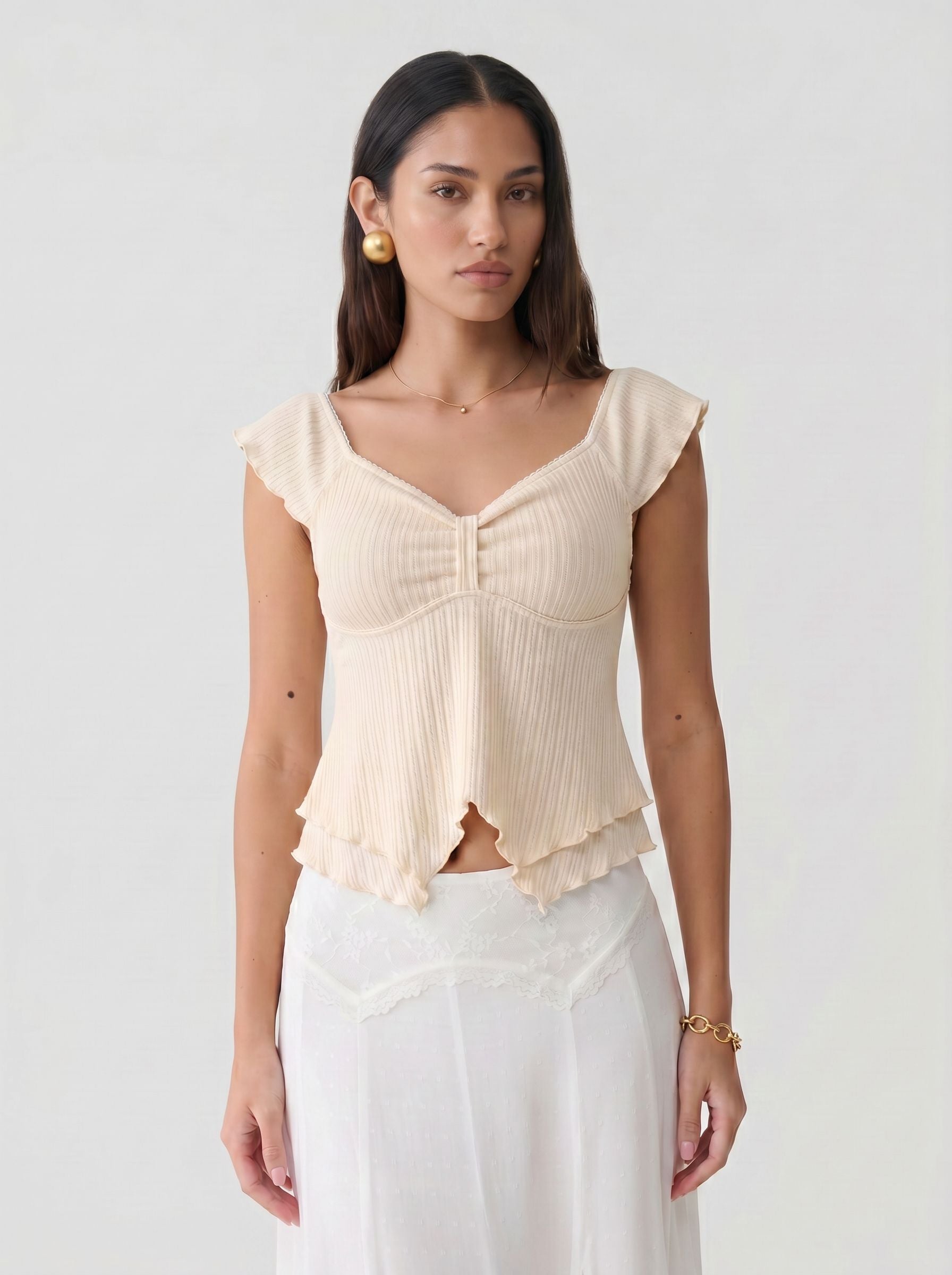 Ruched Lettuce Trim Ribbed T-shirt