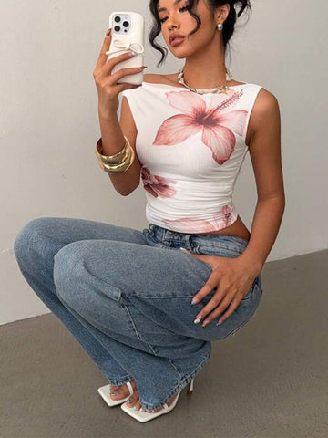 Floral Print One Shoulder T-Shirt