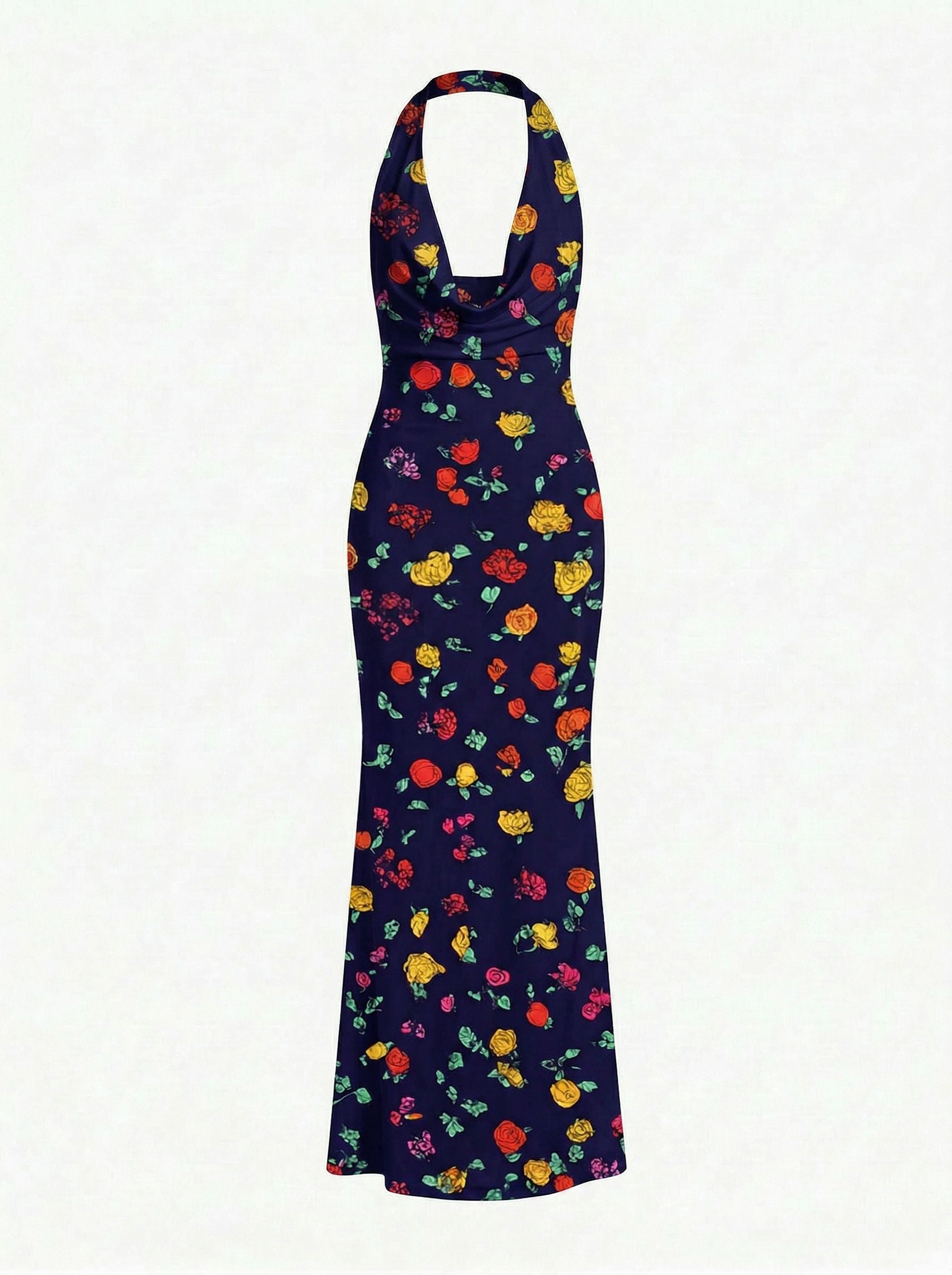 LILA Floral Print Cowl Neck Bodycon Midi Dress