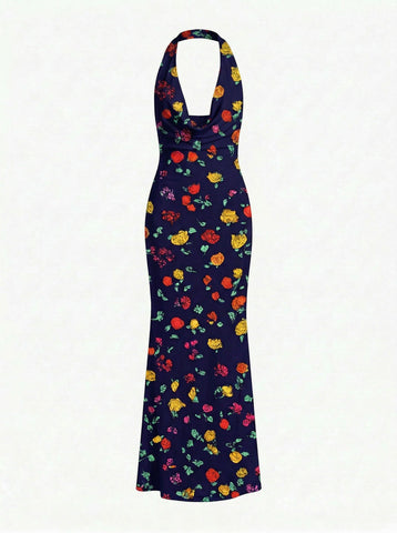LILA Floral Print Cowl Neck Bodycon Midi Dress