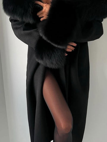 Faux Fur Trim Wool Long Coat