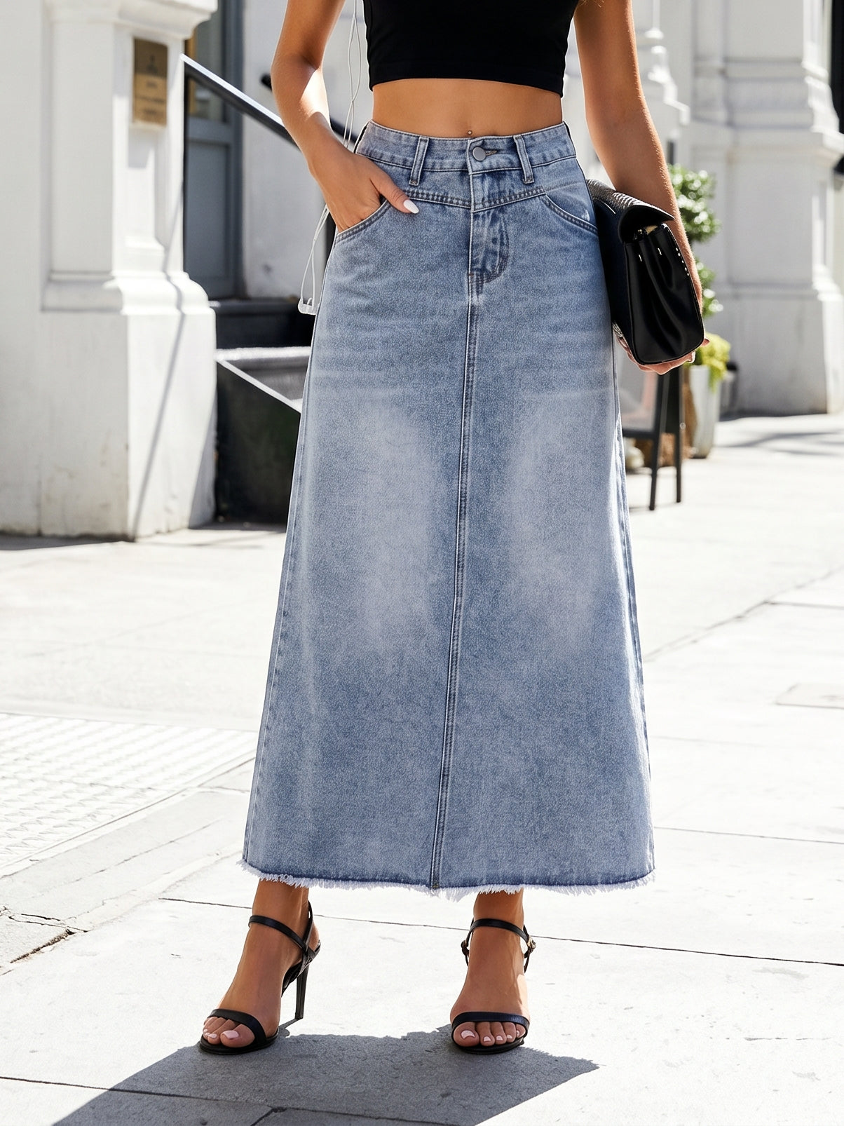 High Waisted Raw Hem Denim Skirt