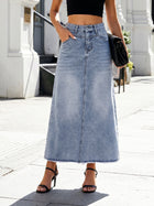 High Waisted Raw Hem Denim Skirt