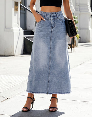 High Waisted Raw Hem Denim Skirt