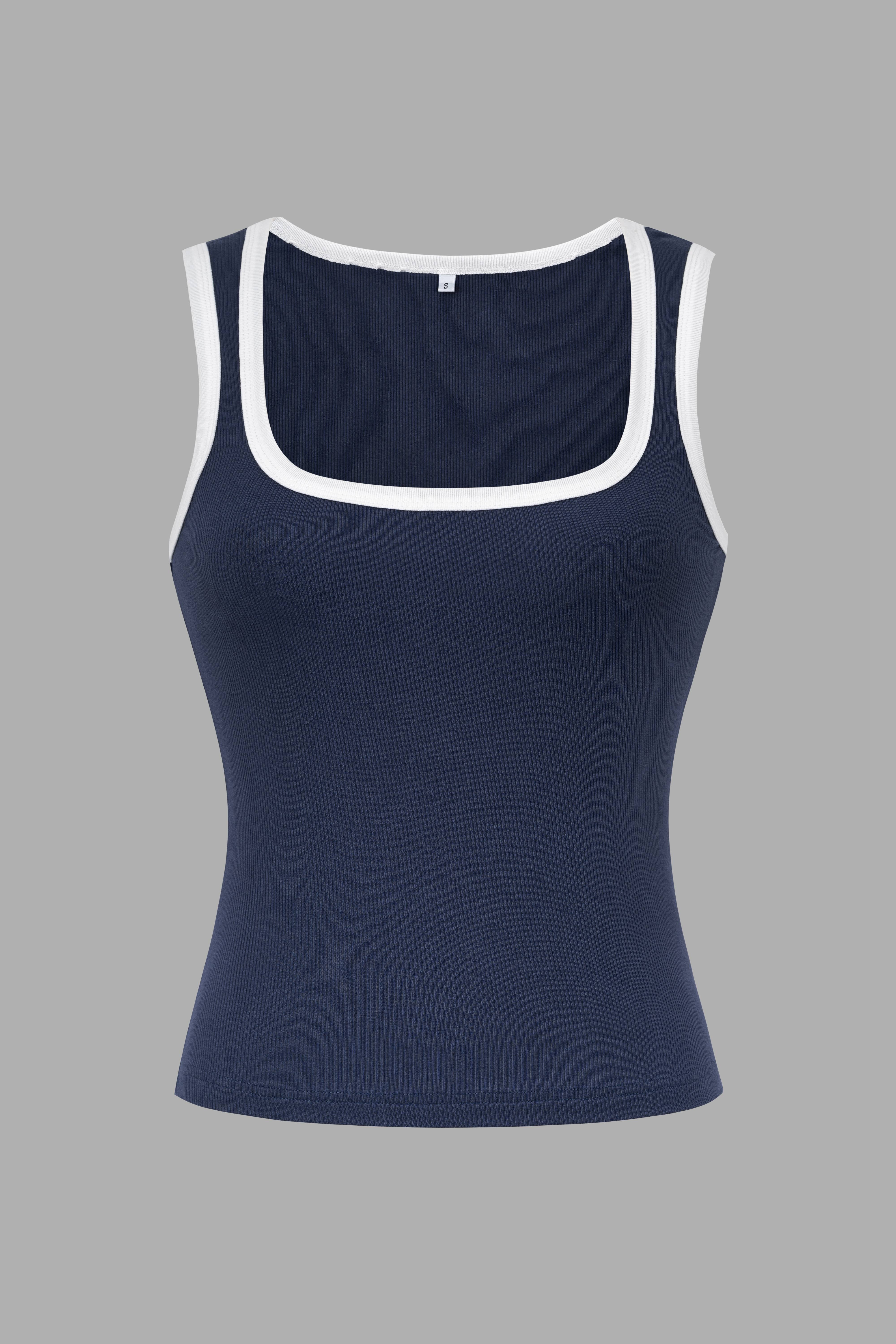 Square Neck Sleeveless Ribbed Tank -Navy Blue