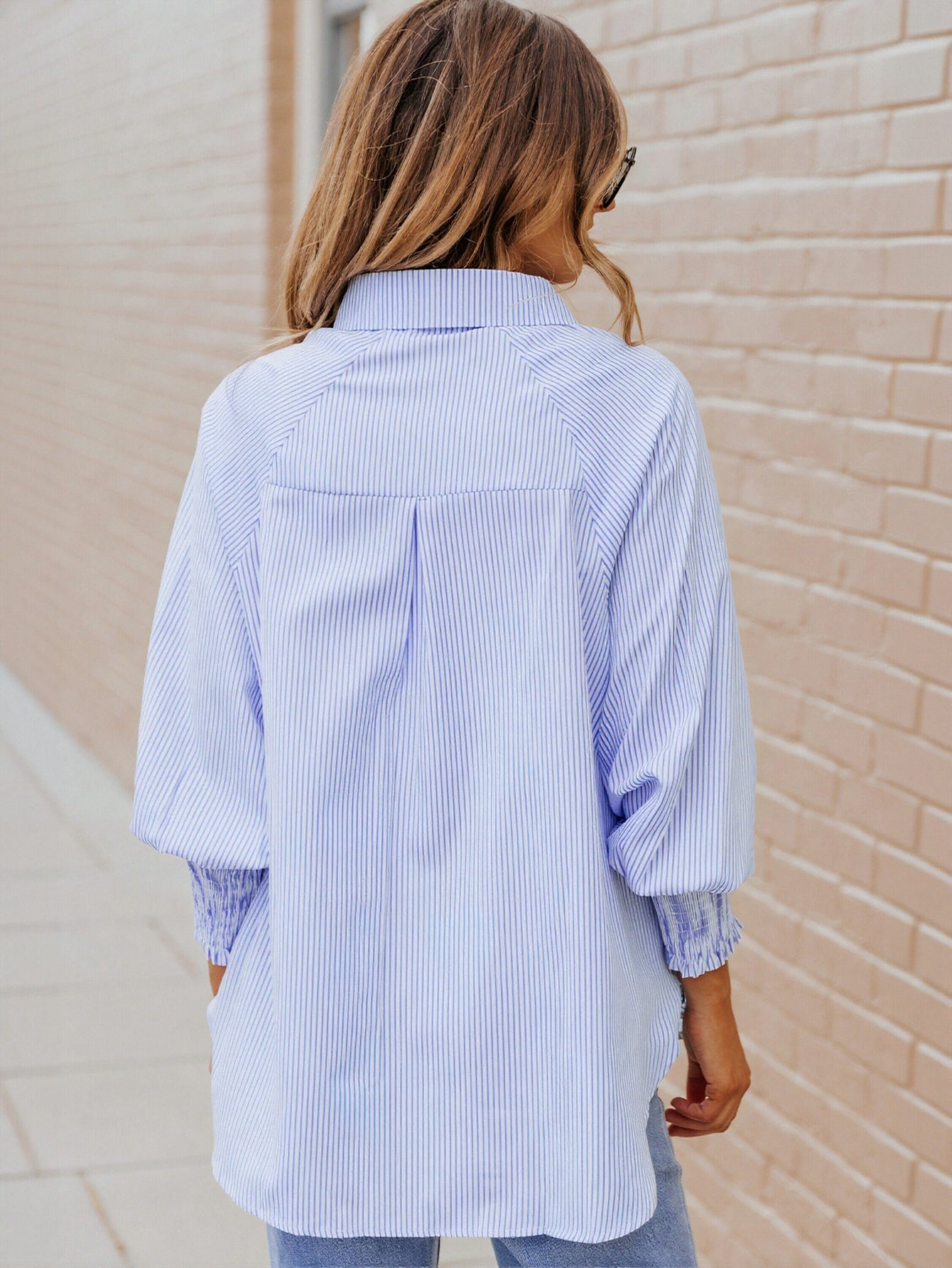 Oversized Striped Smocked Cuff Button Down Shirt