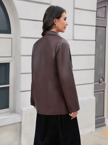 Classic Oversized Brown Faux Leather Blazer
