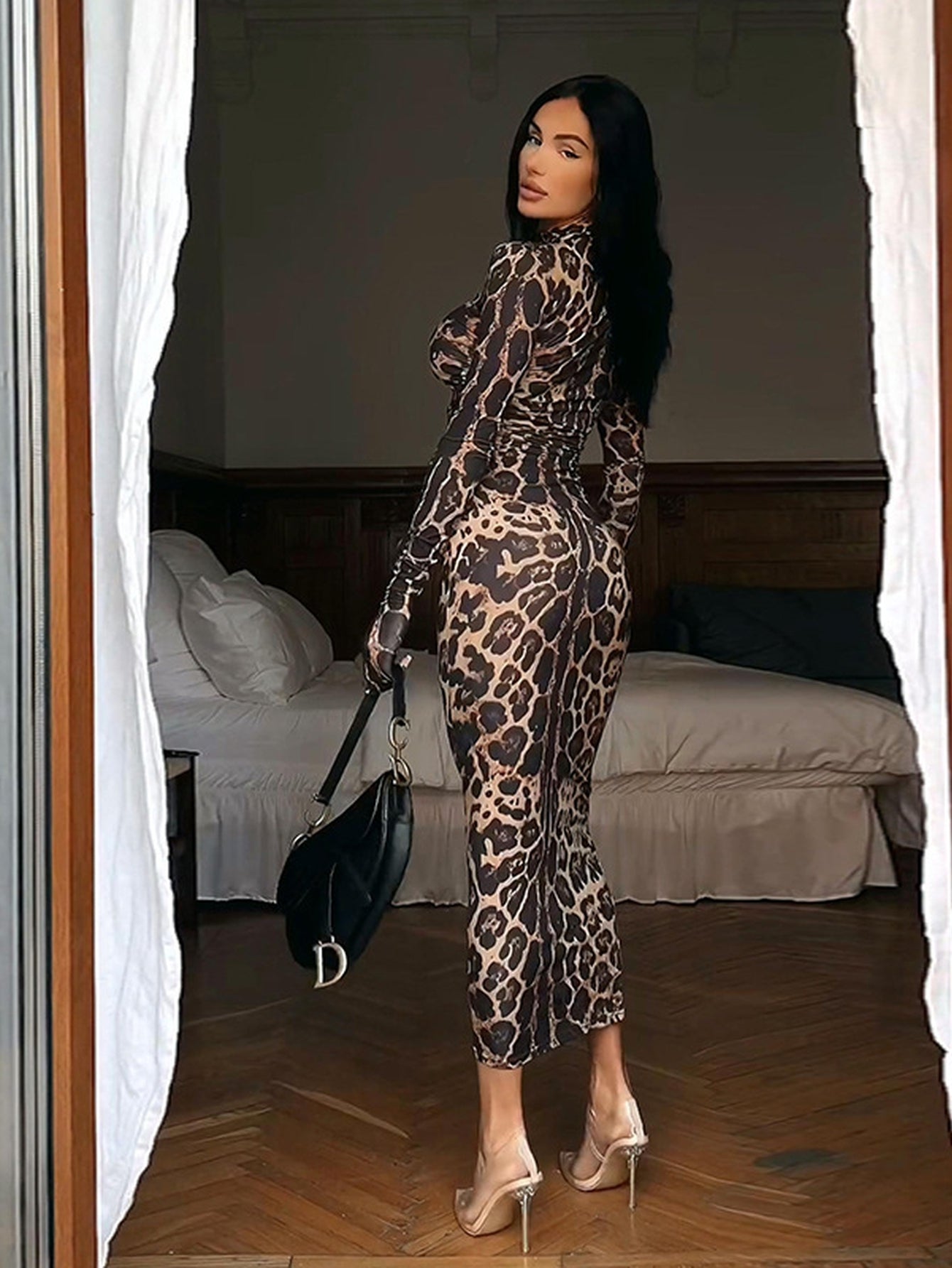 Bodycon Zebra Print Mock Neck Dress