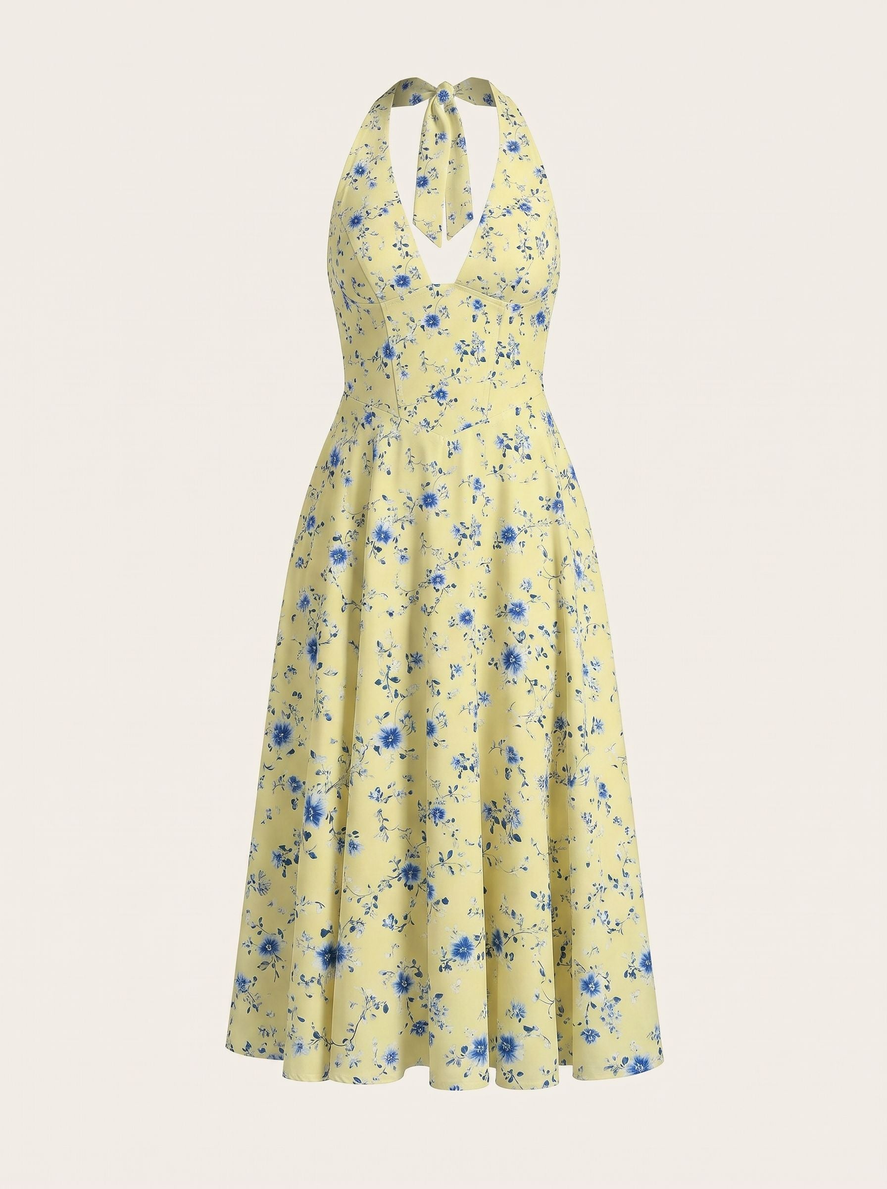 Floral Print Halter Neck Tie Back Midi Dress