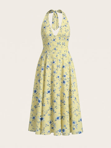 Floral Print Halter Neck Tie Back Midi Dress