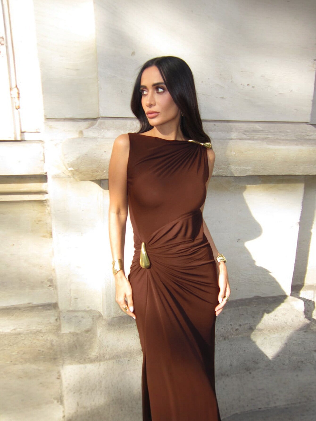 One Shoulder Draped Knot Modern Maxi Dress