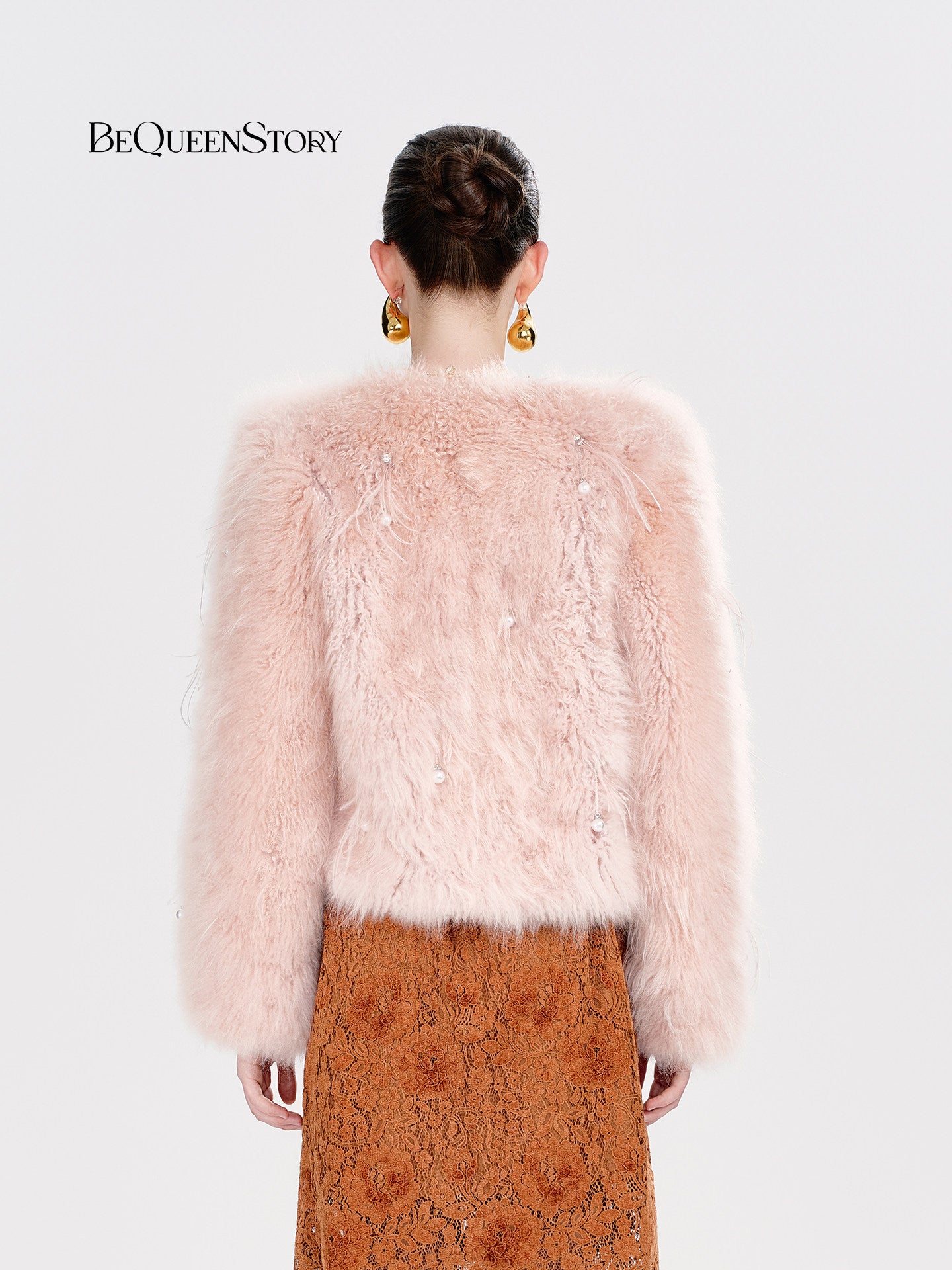 Plush Pink Feather Trim Fur Coat