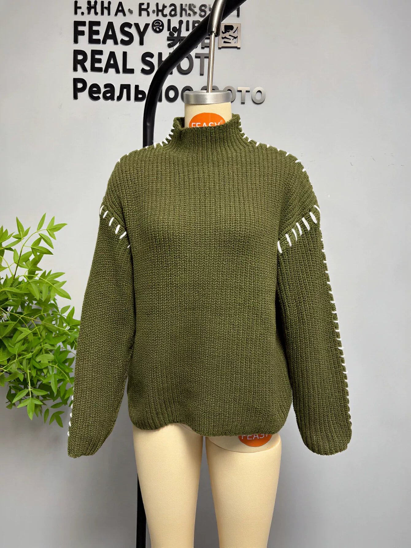 Contrast Stitch Mock Neck Sweater