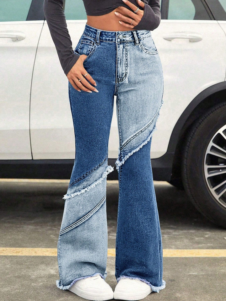 Two Tone Distressed Wide Leg Jeans