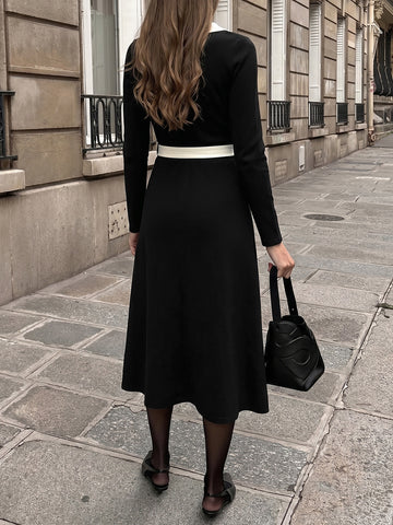Elegant Contrast Trim Belted Midi Dress