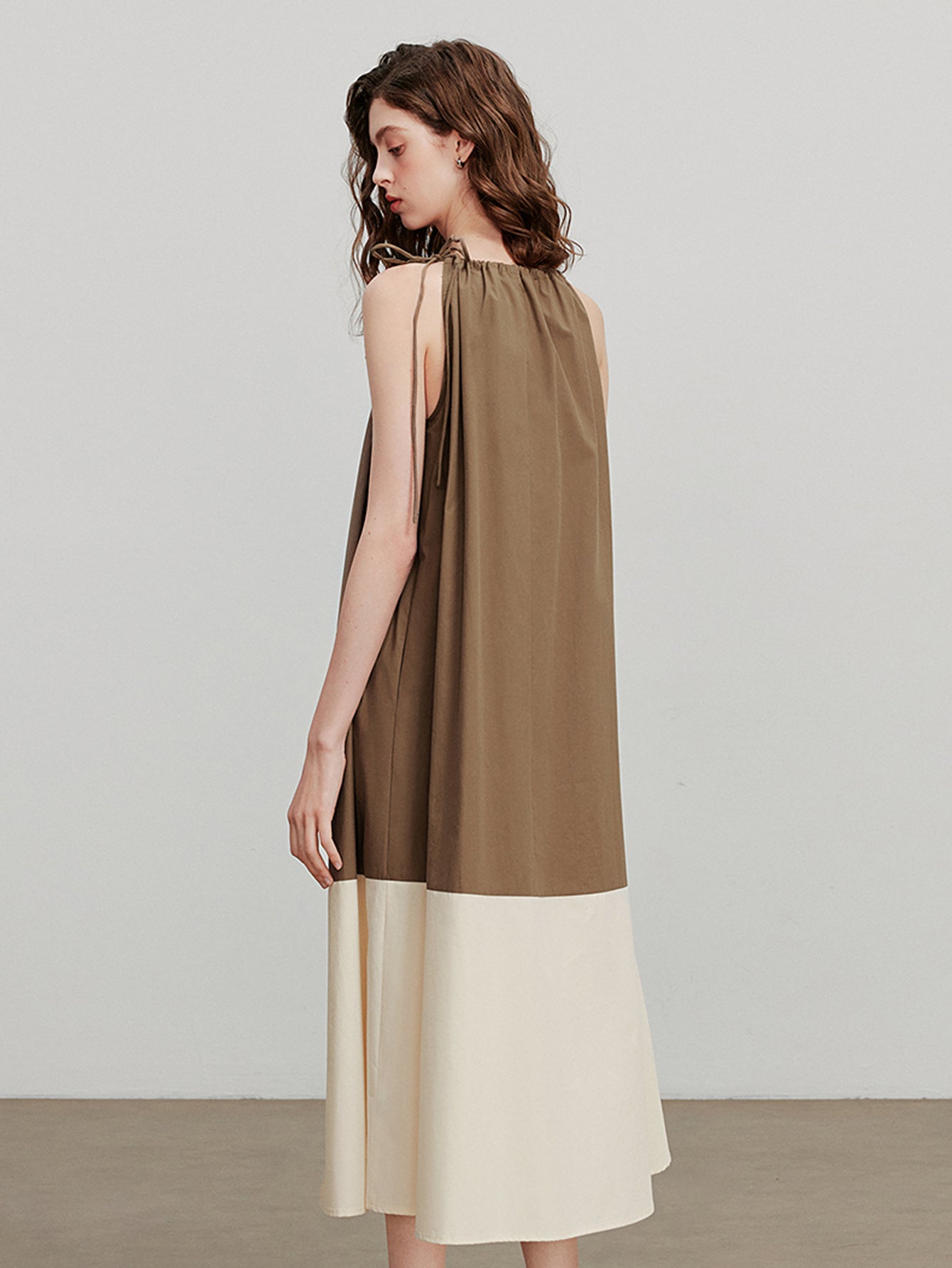 Two Tone Shirred Bodice Summer Midi Dress