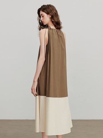 Two Tone Shirred Bodice Summer Midi Dress