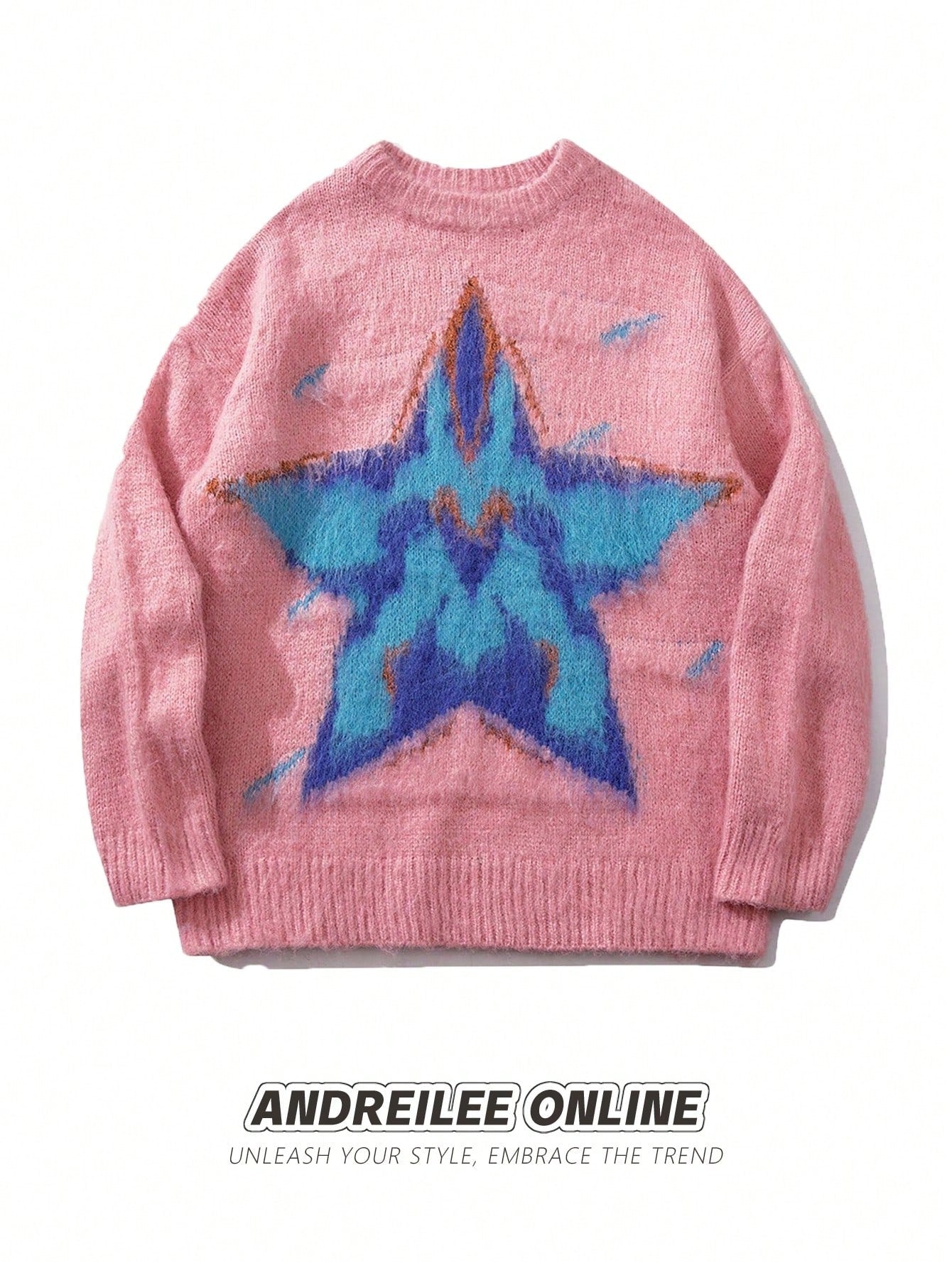 Distressed Star Graphic Fuzzy Pullover Sweater