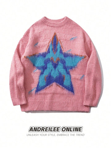 Distressed Star Graphic Fuzzy Pullover Sweater