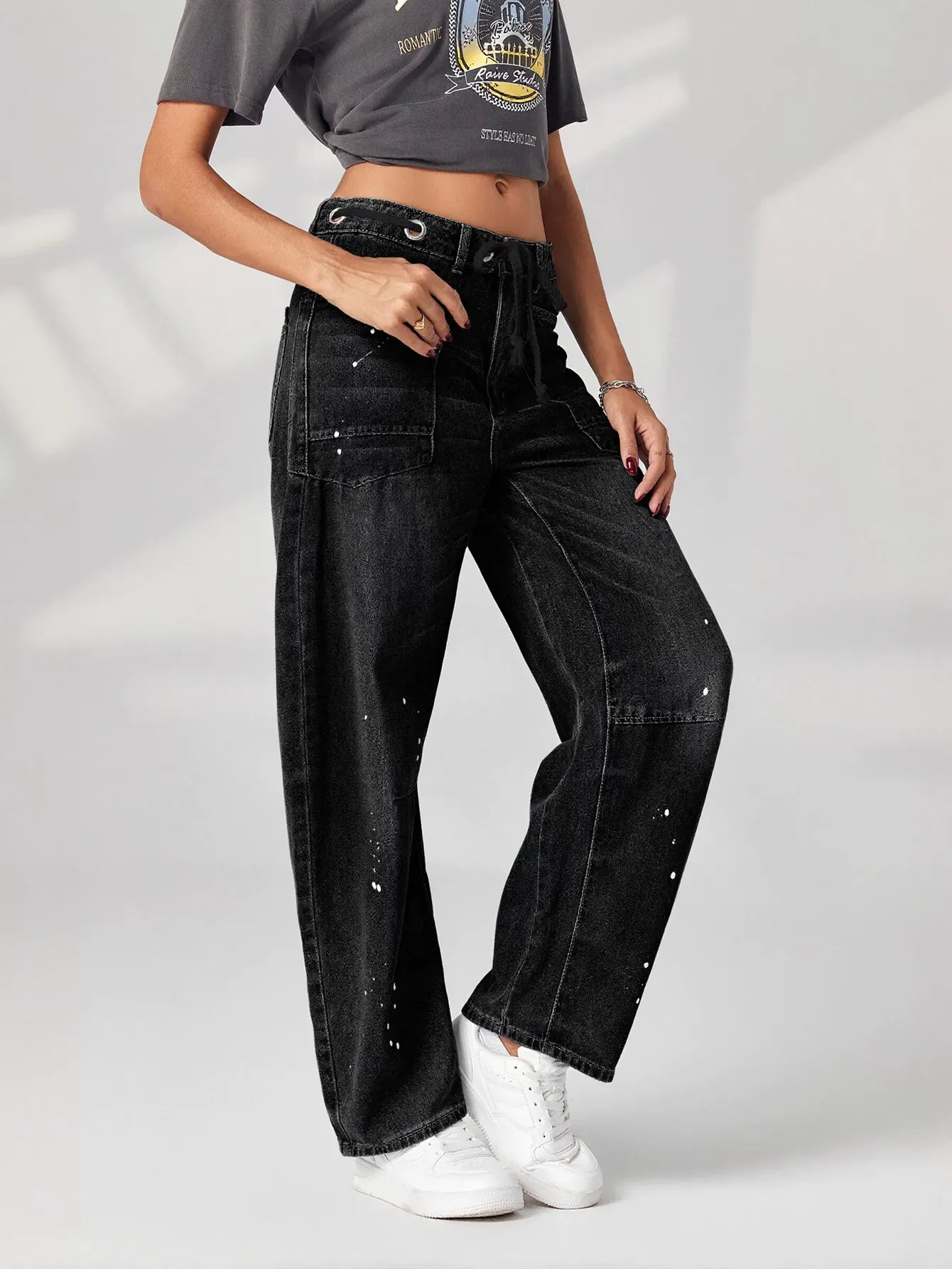 Distressed Drawstring Waist Boyfriend Jeans