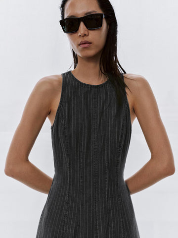 Urban Revivo Sleeveless Denim Midi Dresses-Deep Dark Gray Stripes