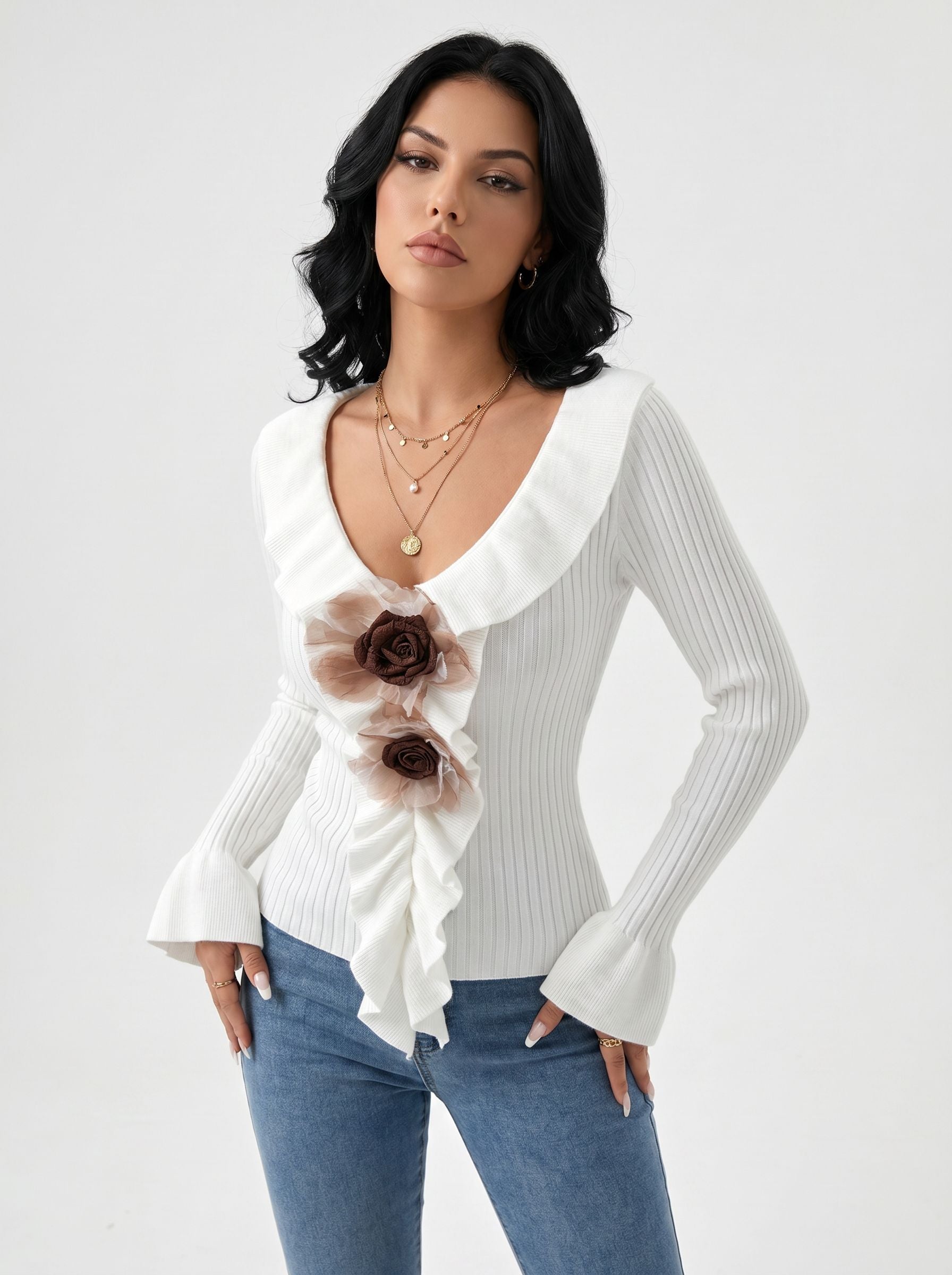 Floral Ruffle Trim Ribbed Sweater