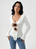 Floral Ruffle Trim Ribbed Sweater