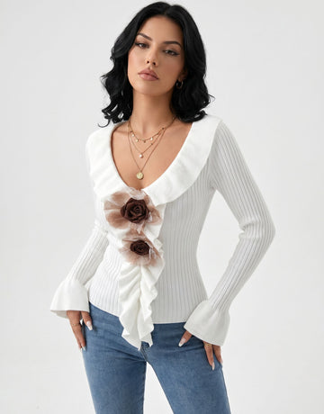 Floral Ruffle Trim Ribbed Sweater