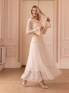 Elegant Lace Applique Pleated Midi Dress