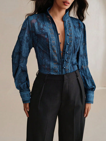 Sheer Floral Embroidered Button Down Shirt