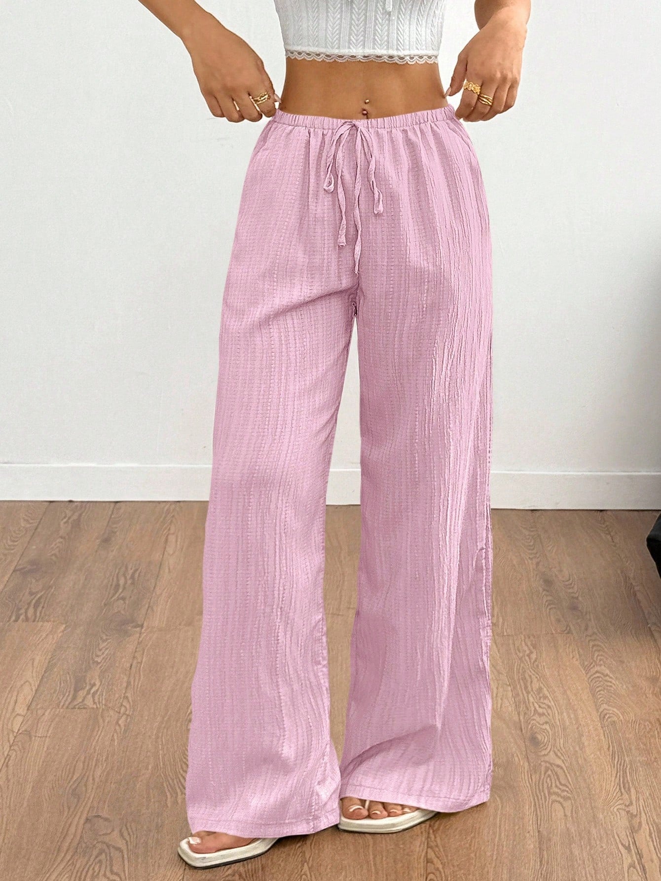 Pleated Drawstring Wide-Leg Pants-Multicolor