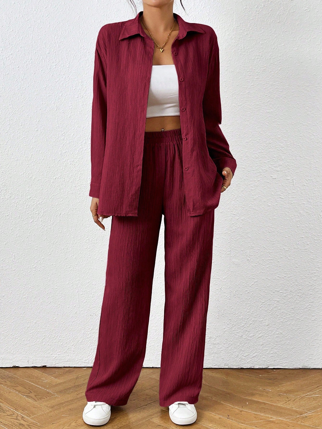 Loose-Fit Shirt Matching Wide-Leg Pants Casual Set