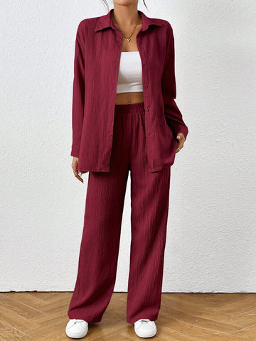 Loose-Fit Shirt Matching Wide-Leg Pants Casual Set